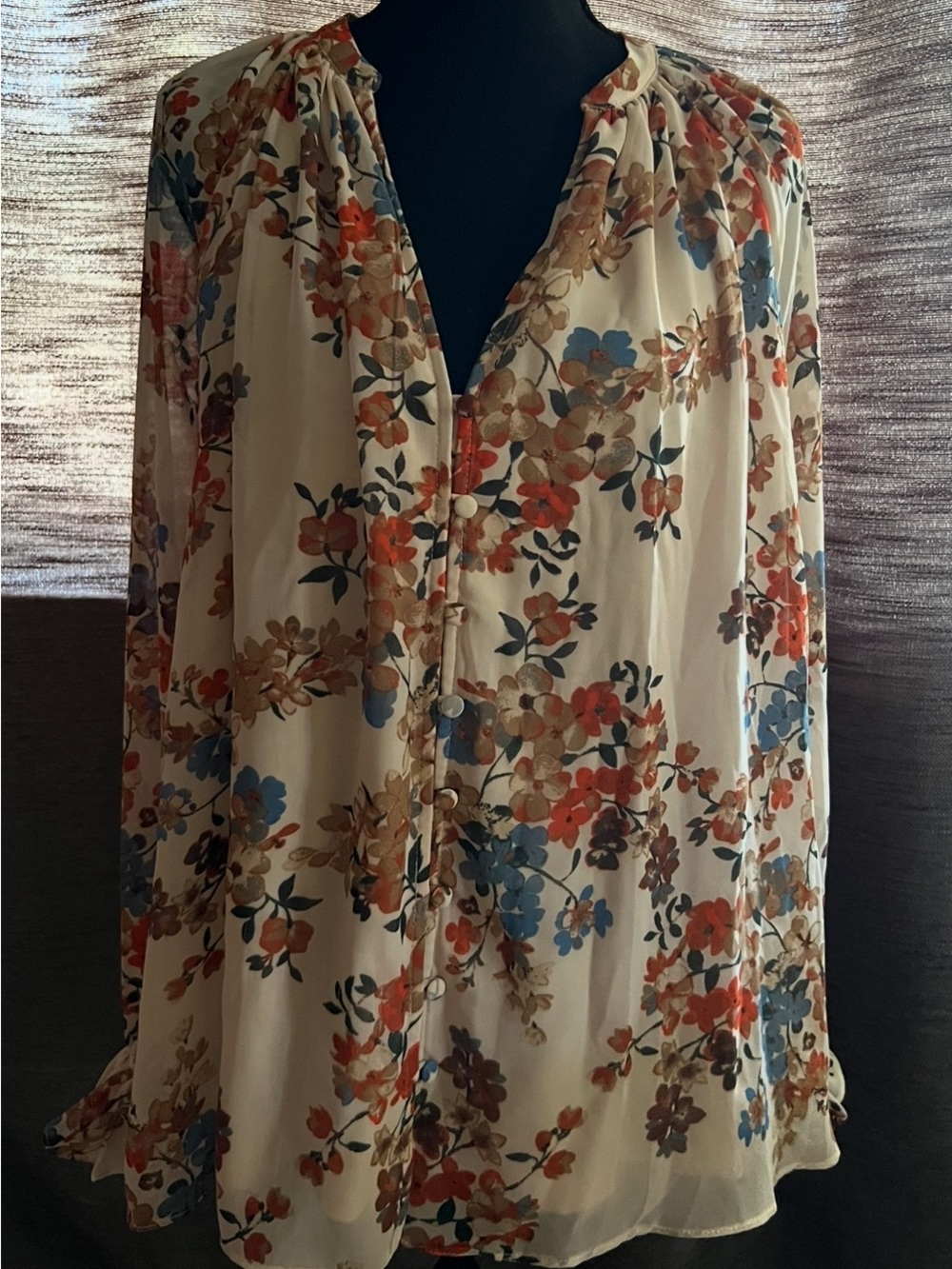 Vici Cream Floral V-Neck Button Blouse with Blue and Orange Accents